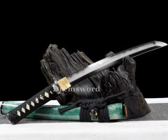 Handmade Shihozume Steel Japanese Samurai Sword Tanto Sharp Shinogi Zukuri Black with Green Full Tang.