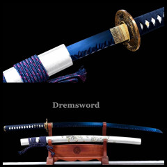 1095 High Carbon Steel Japanese Samurai Sword Full Tang blue blade Battle Ready Shinogi Zukuri Sharp white with blue Sword.