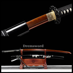 Handmade damascus folded steel red blade sharp japanese samurai katana real sword black battle ready.