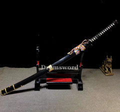 Handmade damascus folded steel sharp red blade japanese samurai katana Shinogi-Zukuri real sword black battle ready.