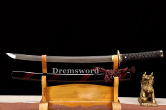 Handmade damascus folded steel black with red sword japanese samurai Wakizashi Shinogi Zukuri battle ready sharp real sword.