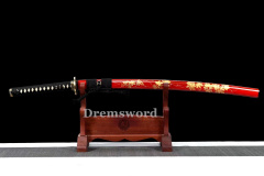 Handmade Clay tempered T10 Steel Japanese Samurai Katana Sword Shinogi Zukuri full tang battle ready sharp black with red sword Real hamon.