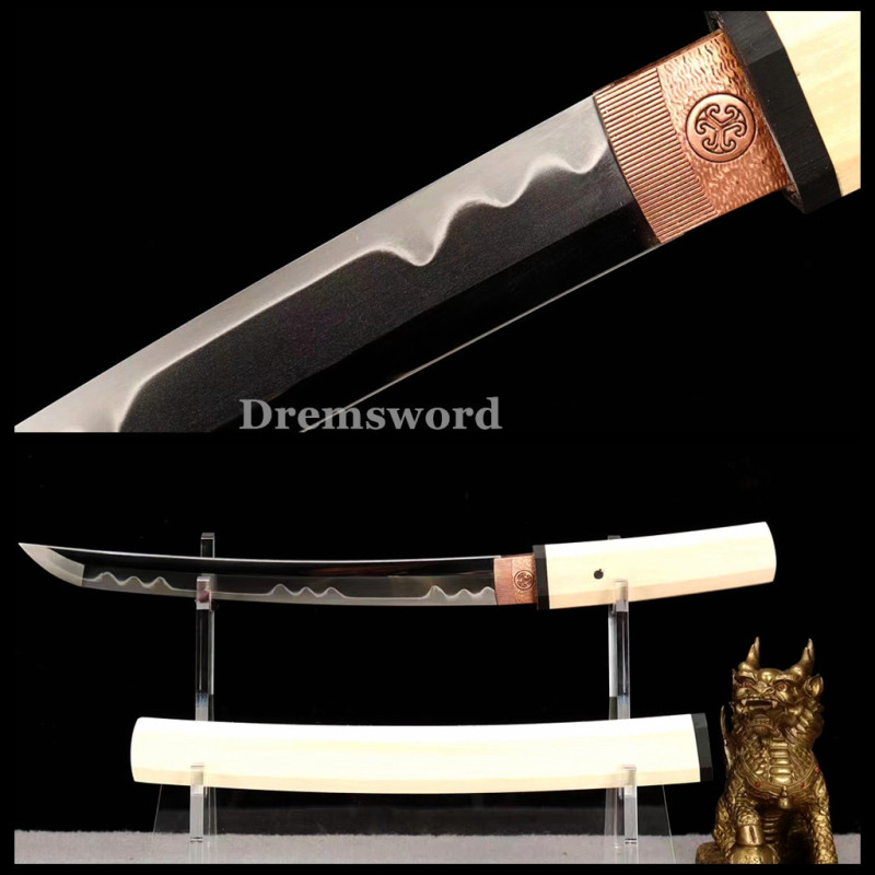 Handmade Clay tempered T10 Steel Japanese Samurai mini Sword tanto  full tang battle ready sharp Real hamon Drem6211