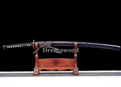 Handmade Clay tempered T10 Steel Japanese Samurai Katana Sword Shinogi Zukuri full tang sharp Real hamon black with purple.