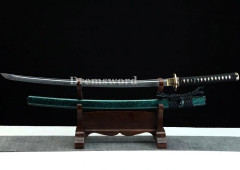 Handmade Clay tempered T10 Steel Japanese Samurai Katana Sword Shinogi Zukuri full tang black with green battle ready sharp Real hamon.
