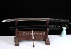 Handmade Clay tempered T10 Steel Japanese Samurai Wakizashi Sword Shinogi Zukuri full tang battle ready sharp Real hamon black.