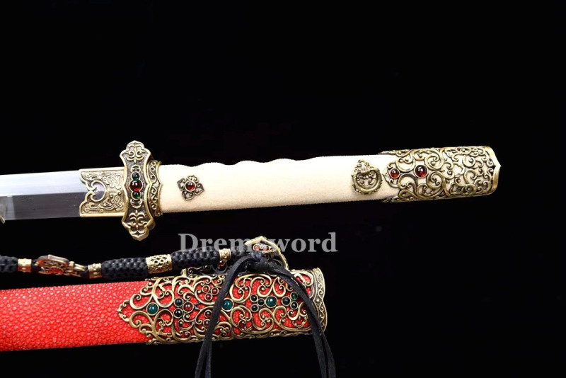 Handmade damascus folded steel  Chinese tang dynasty jian Genuine ray skin battle ready  real sharp sword  DremV2110.