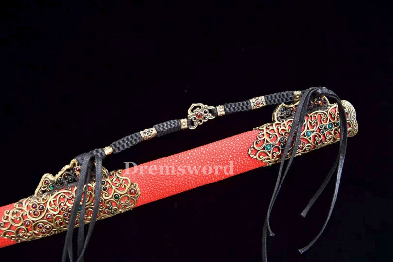 Handmade damascus folded steel  Chinese tang dynasty jian Genuine ray skin battle ready  real sharp sword  DremV2110.