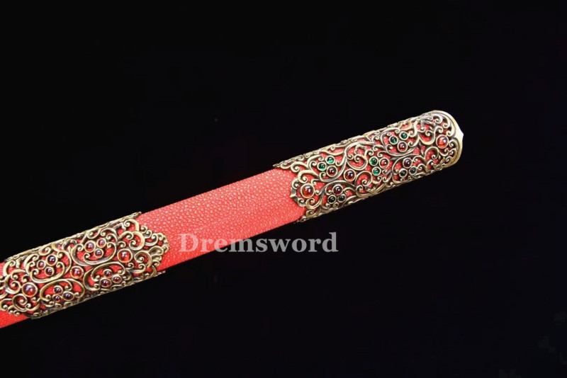 Handmade damascus folded steel  Chinese tang dynasty jian Genuine ray skin battle ready  real sharp sword  DremV2110.