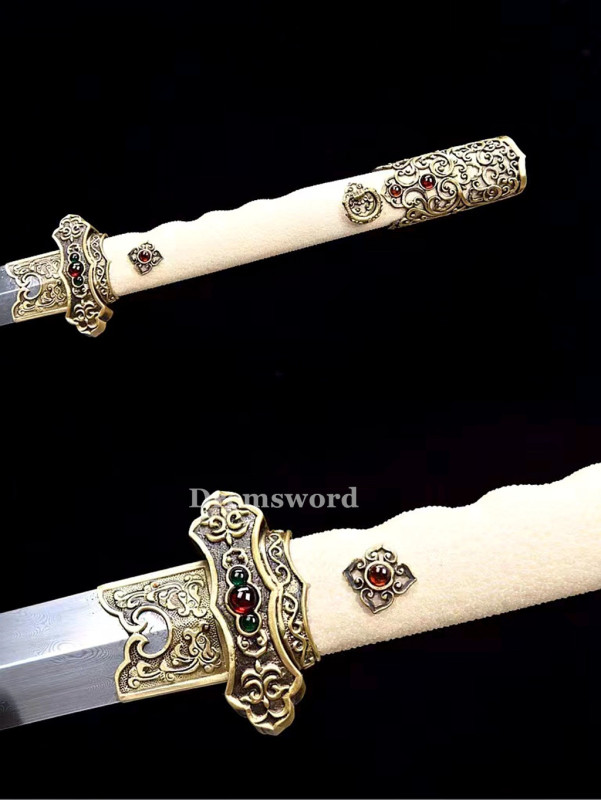 Handmade damascus folded steel  Chinese tang dynasty jian Genuine ray skin battle ready  real sharp sword  DremV2110.