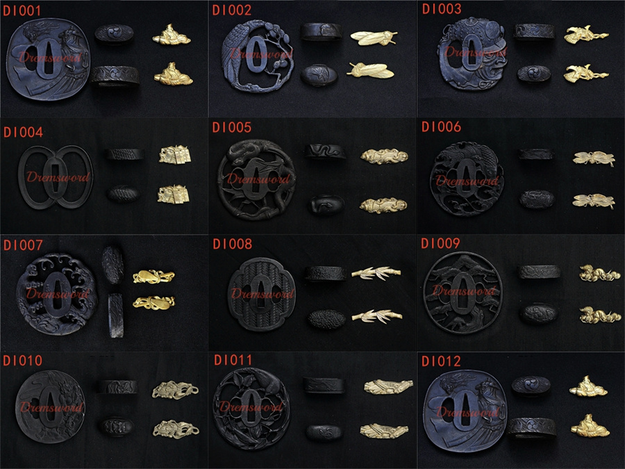 Japenese Samurai Sword Fittings including Alloy/Iron/Brass Tsuba, Fuchi, Koshirae, Saya