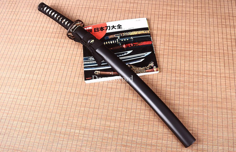 T10 Steel Clay Tempered Wakizashi Japanese Samurai Battle Sword Unokubi- Zukuri full tang Sharp Black.