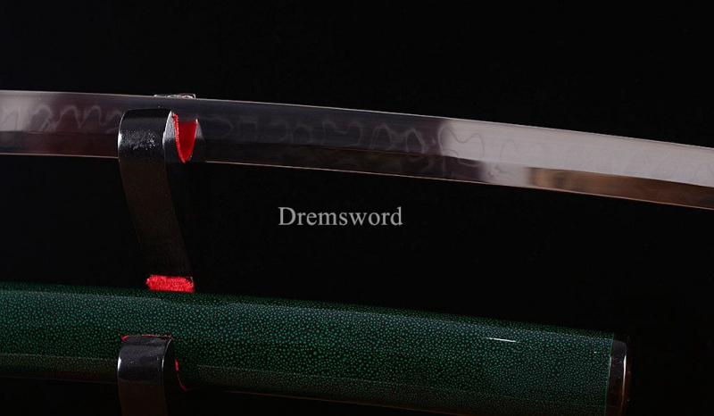 T10 Steel Clay Tempered Katana Japanese Samura Real Sword HITATSURA Ox Horn Saya Shinogi Zukuri Full Tang Green.