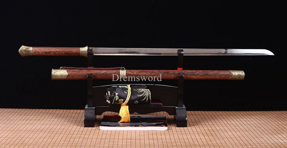 L6 Clay tempered Chokutō Straight Katana Japanese Samurai Sword Rosewood Saya KIRIHA-ZUKURI Brown
