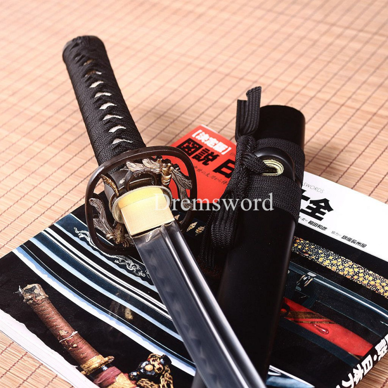 T10 Steel Clay Tempered Wakizashi Japanese Samurai Battle Sword Unokubi- Zukuri full tang Sharp Black.