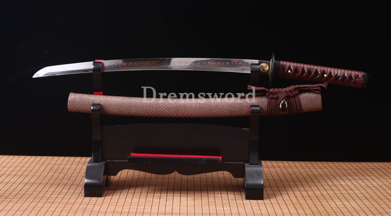 T10 Steel Clay Tempered Wakizashi Japanese Samurai Battle Sword Real Hamon Brown Shinogi Zukuri Full Tang