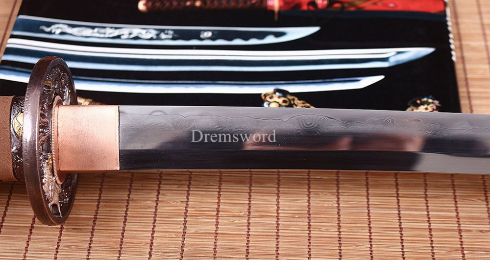 Shihozume ClayTempered Katana Japanese Samurai Sword Hand Polishing Ox Horn Saya Shinogi Zukuri full tang Black.