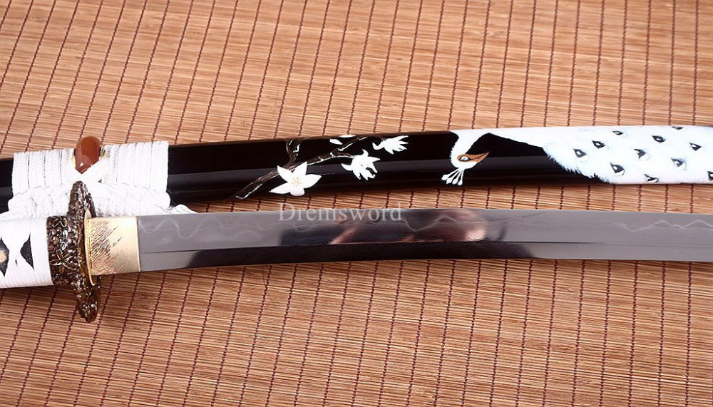 Honsanmai Clay Tempered Katana Japanese Samurai Sword Hand Painted Ox Horn Saya Shinogi-Zukuri black