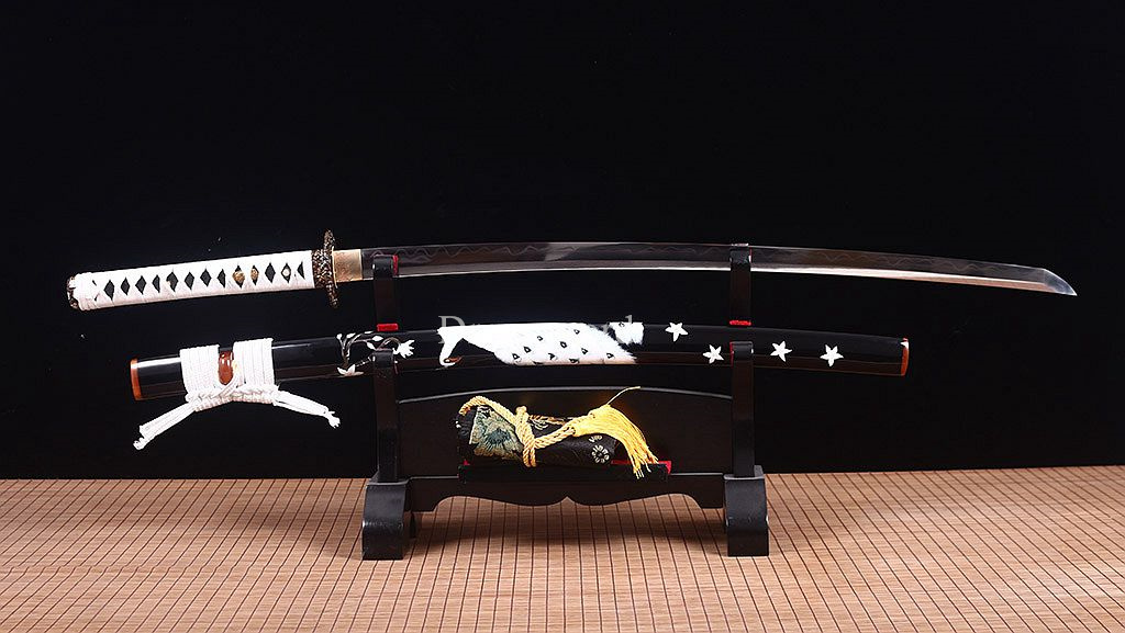 Honsanmai Clay Tempered Katana Japanese Samurai Sword Hand Painted Ox Horn Saya Shinogi-Zukuri black
