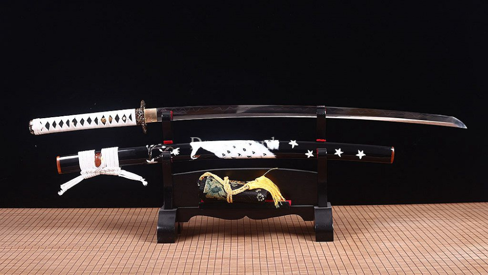 Honsanmai Clay Tempered Katana Japanese Samurai Sword Hand Painted Ox Horn Saya Shinogi-Zukuri black