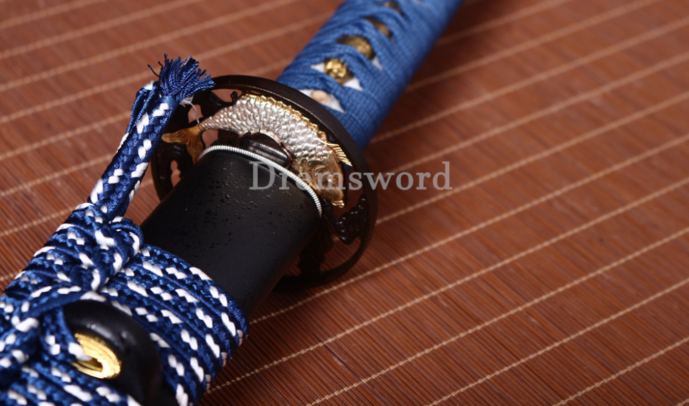 Damascus Folded Steel Clay Tempered Japanese Samurai Sword Real Hamon Brass Tsuba Shinogi-Zukuri Black