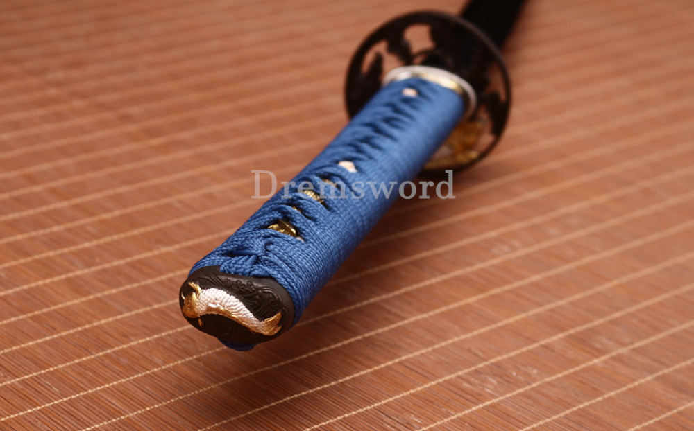 Damascus Folded Steel Clay Tempered Japanese Samurai Sword Real Hamon Brass Tsuba Shinogi-Zukuri Black