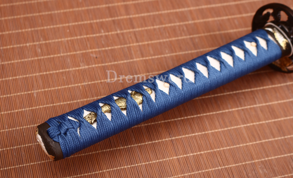 Damascus Folded Steel Clay Tempered Japanese Samurai Sword Real Hamon Brass Tsuba Shinogi-Zukuri Black