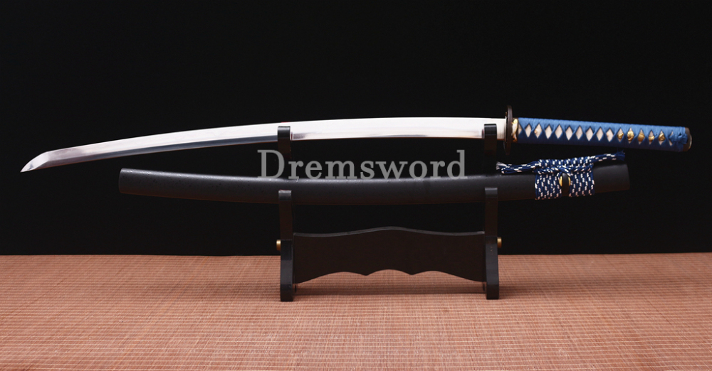 Damascus Folded Steel Clay Tempered Japanese Samurai Sword Real Hamon Brass Tsuba Shinogi-Zukuri Black