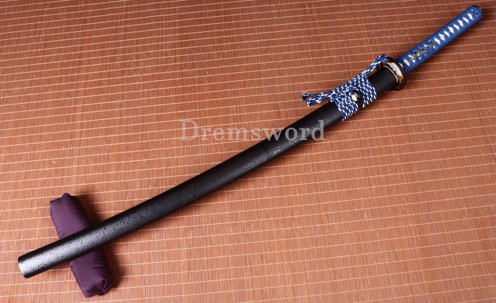 Damascus Folded Steel Clay Tempered Japanese Samurai Sword Real Hamon Brass Tsuba Shinogi-Zukuri Black