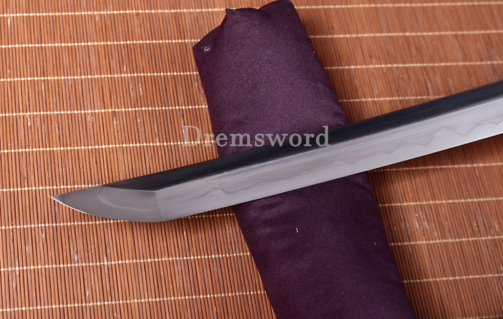 Damascus Folded Steel Clay Tempered Japanese Samurai Sword Real Hamon Brass Tsuba Shinogi-Zukuri Black