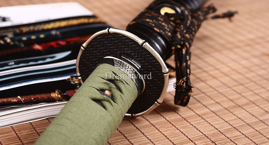 Damascus Folded Steel Clay tempered O Katana Japanese Samurai Sword Rattan Saya Shinogi-Zukuri Black