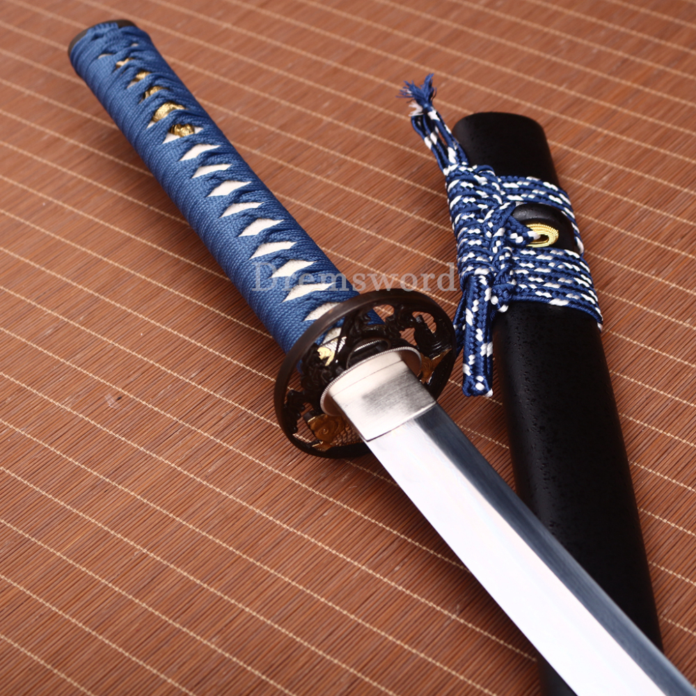 Damascus Folded Steel Clay Tempered Japanese Samurai Sword Real Hamon Brass Tsuba Shinogi-Zukuri Black