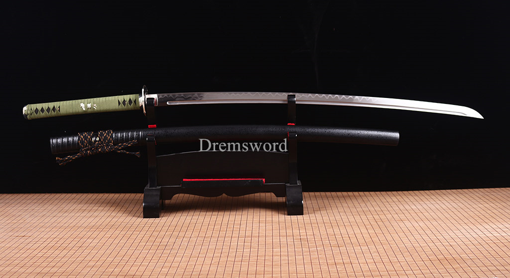 Damascus Folded Steel Clay tempered O Katana Japanese Samurai Sword Rattan Saya Shinogi-Zukuri Black