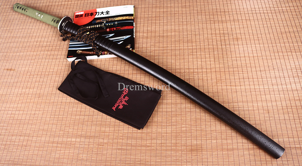 Damascus Folded Steel Clay tempered O Katana Japanese Samurai Sword Rattan Saya Shinogi-Zukuri Black