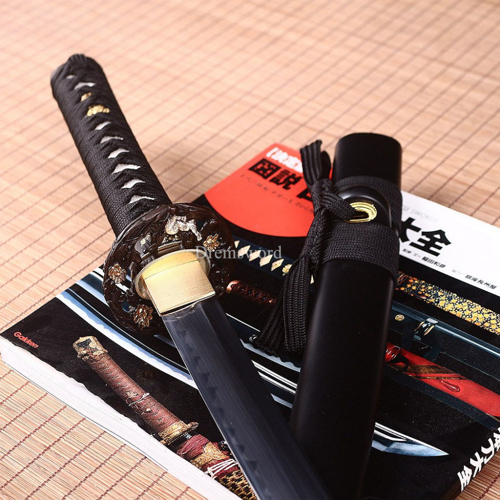 T10 Steel Clay Tempered Wakizashi Japanese Samurai Battle Sword Real Hamon Black SHINOGI-ZUKURI Full Tang .
