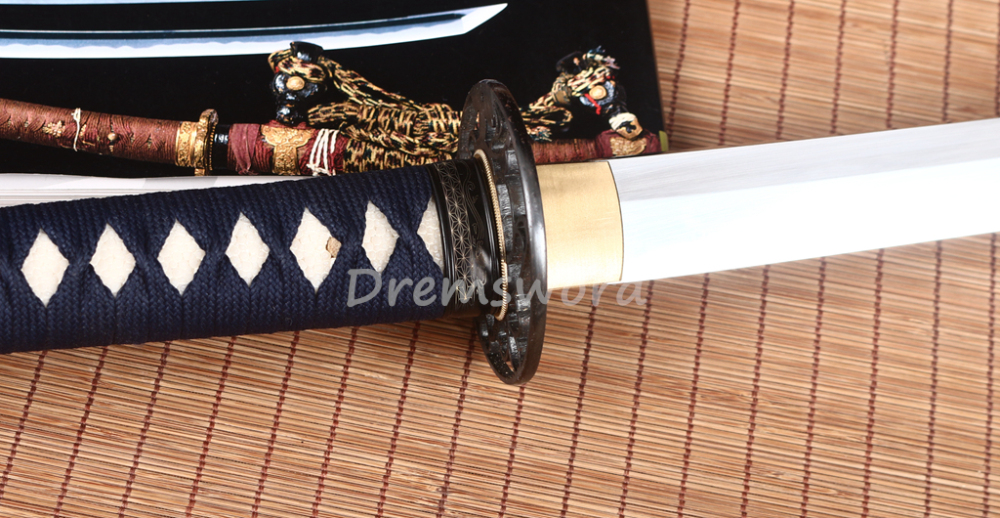 T10 Steel Clay Tempered Katana Japanese Samurai Functional Sword Real Hamon Blue Shinogi Zukuri Full Tang