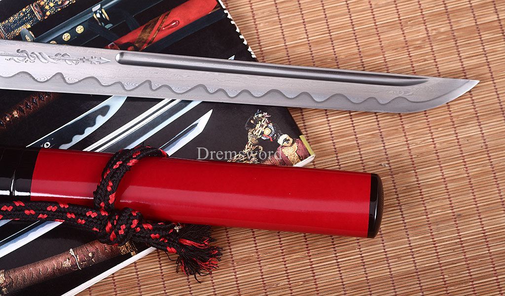 Handmade Damascus Folded Steel Tanto Japanese Short Sword Sharp Ox Horn Saya Shinogi-Zukuri Black