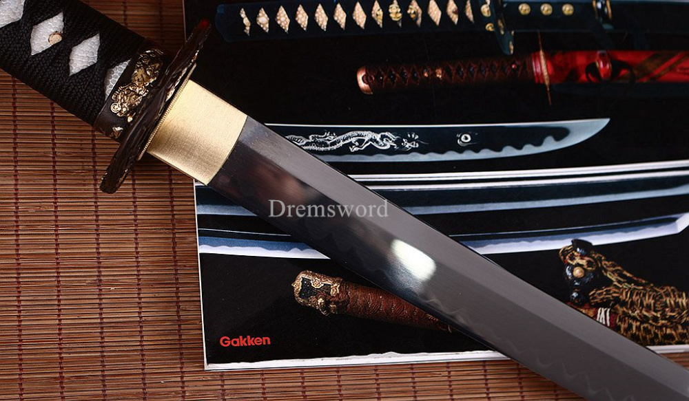 T10 Steel Clay Tempered Wakizashi Japanese Samurai Battle Sword Real Hamon Black SHINOGI-ZUKURI Full Tang .