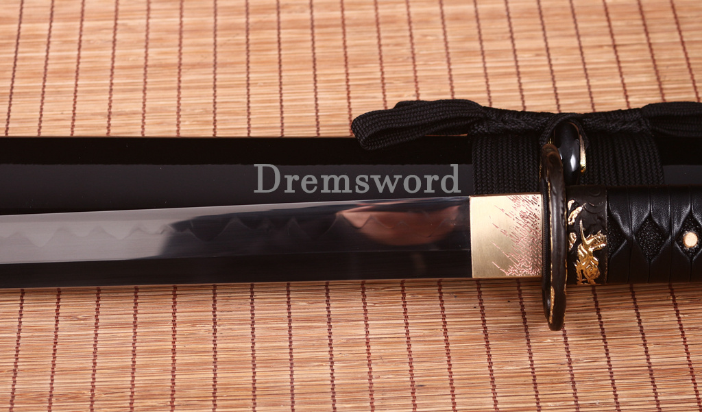 T10 Steel Clay Tempered Ninjato Japanese Ninja Chokutō Sword KAMASU Kissaki Shinogi Zukuri Full Tang Black.