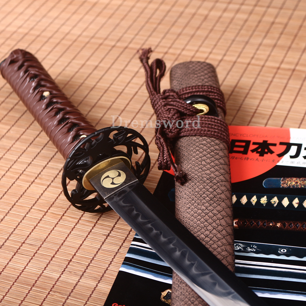 T10 Steel Clay Tempered Wakizashi Japanese Samurai Battle Sword Real Hamon Brown Shinogi Zukuri Full Tang
