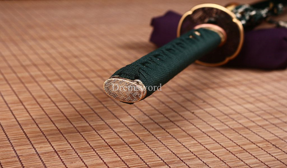 T10 Steel Clay Tempered Katana Japanese Samura Real Sword HITATSURA Ox Horn Saya Shinogi Zukuri Full Tang Green.
