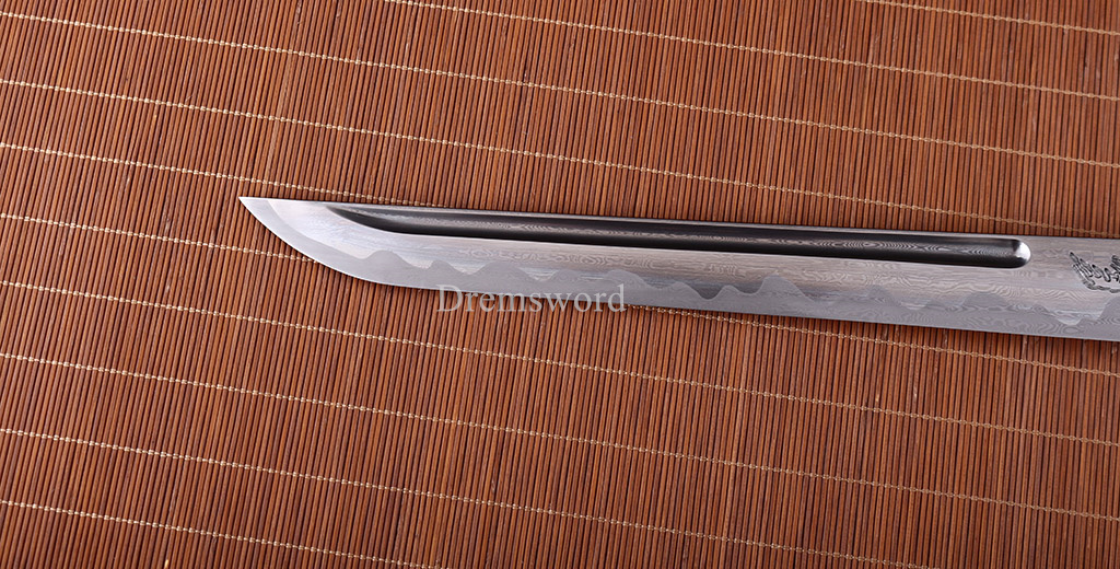 Handmade Damascus Folded Steel Tanto Japanese Short Sword Sharp Ox Horn Saya Shinogi-Zukuri Black