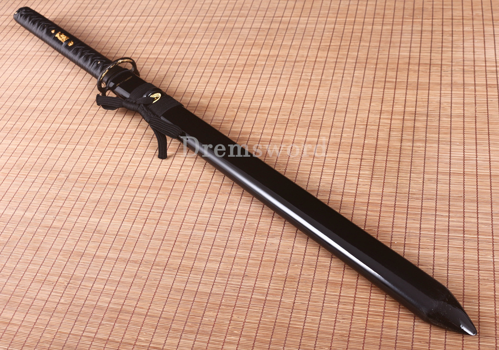 T10 Steel Clay Tempered Ninjato Japanese Ninja Chokutō Sword KAMASU Kissaki Shinogi Zukuri Full Tang Black.