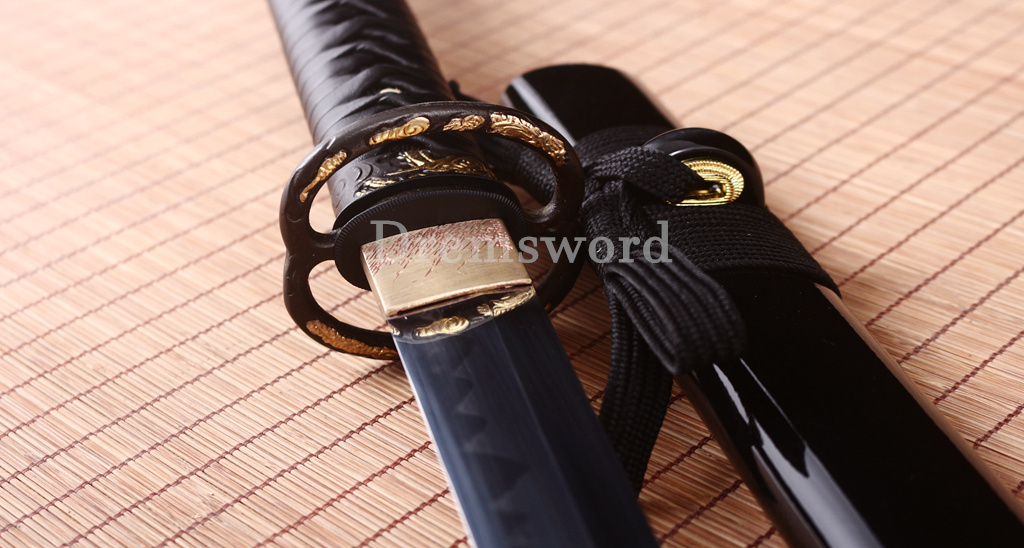 T10 Steel Clay Tempered Ninjato Japanese Ninja Chokutō Sword KAMASU Kissaki Shinogi Zukuri Full Tang Black.