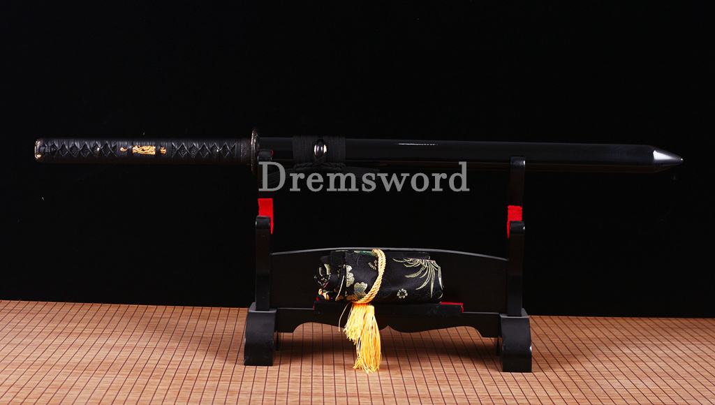 T10 Steel Clay Tempered Ninjato Japanese Ninja Chokutō Sword KAMASU Kissaki Shinogi Zukuri Full Tang Black.