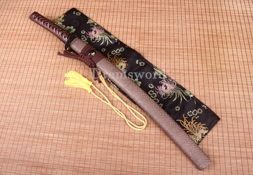 T10 Steel Clay Tempered Wakizashi Japanese Samurai Battle Sword Real Hamon Brown Shinogi Zukuri Full Tang