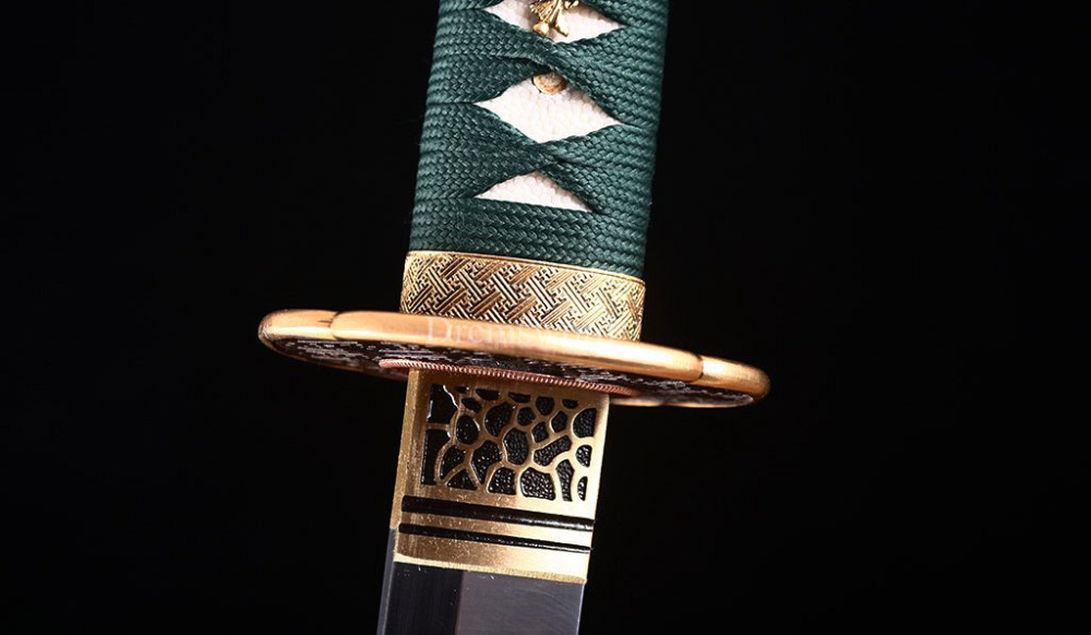T10 Steel Clay Tempered Katana Japanese Samura Real Sword HITATSURA Ox Horn Saya Shinogi Zukuri Full Tang Green.