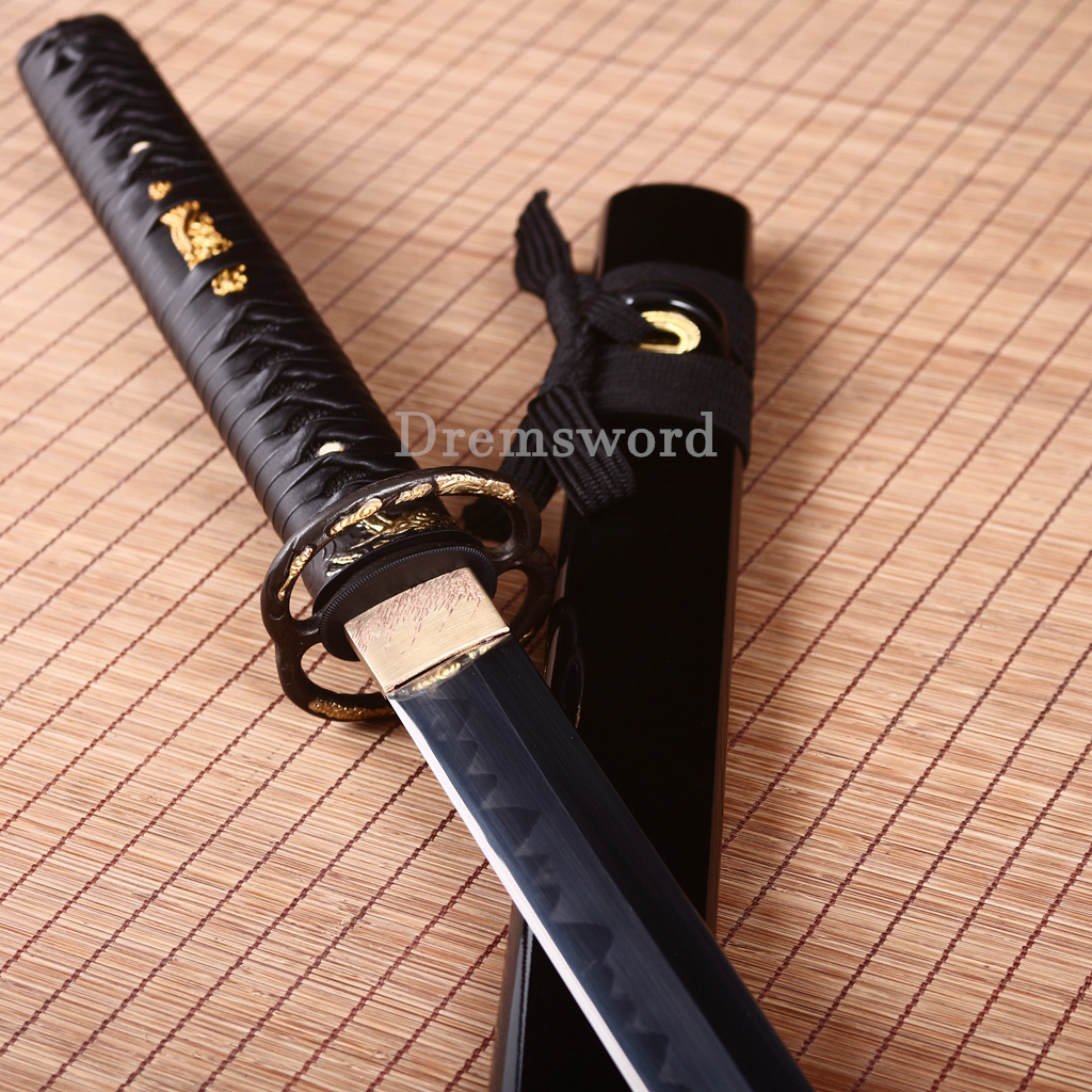 T10 Steel Clay Tempered Ninjato Japanese Ninja Chokutō Sword KAMASU Kissaki Shinogi Zukuri Full Tang Black.