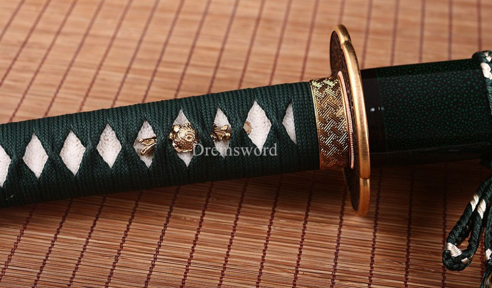 T10 Steel Clay Tempered Katana Japanese Samura Real Sword HITATSURA Ox Horn Saya Shinogi Zukuri Full Tang Green.