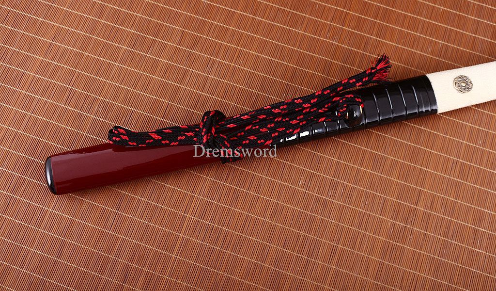 Handmade Damascus Folded Steel Tanto Japanese Short Sword Sharp Ox Horn Saya Shinogi-Zukuri Black